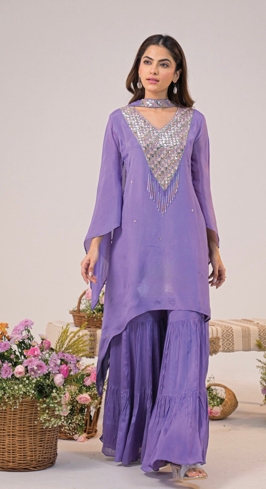 Afghani Chinnon indo-fusion Set – Cutdana Handwork with Elegant Neck Embroidery
