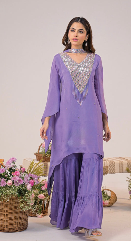 Afghani Chinnon indo-fusion Set – Cutdana Handwork with Elegant Neck Embroidery