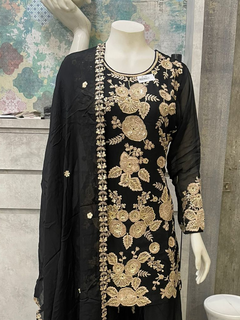 Noir Zariya Handcrafted Sharara Set | Black Pure Chinon Sharara with Dabka, Cutdana & Sequin Work