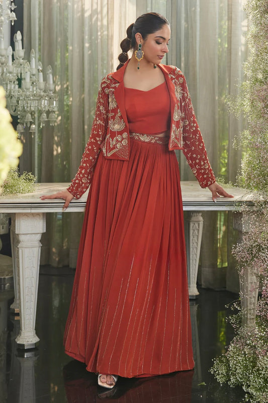 Ruhani Rust Orange Indo-Western Set | Celebrity-Inspired Pure Crepe Lehenga with Organza Jacket | Inara by Javed & Daughters