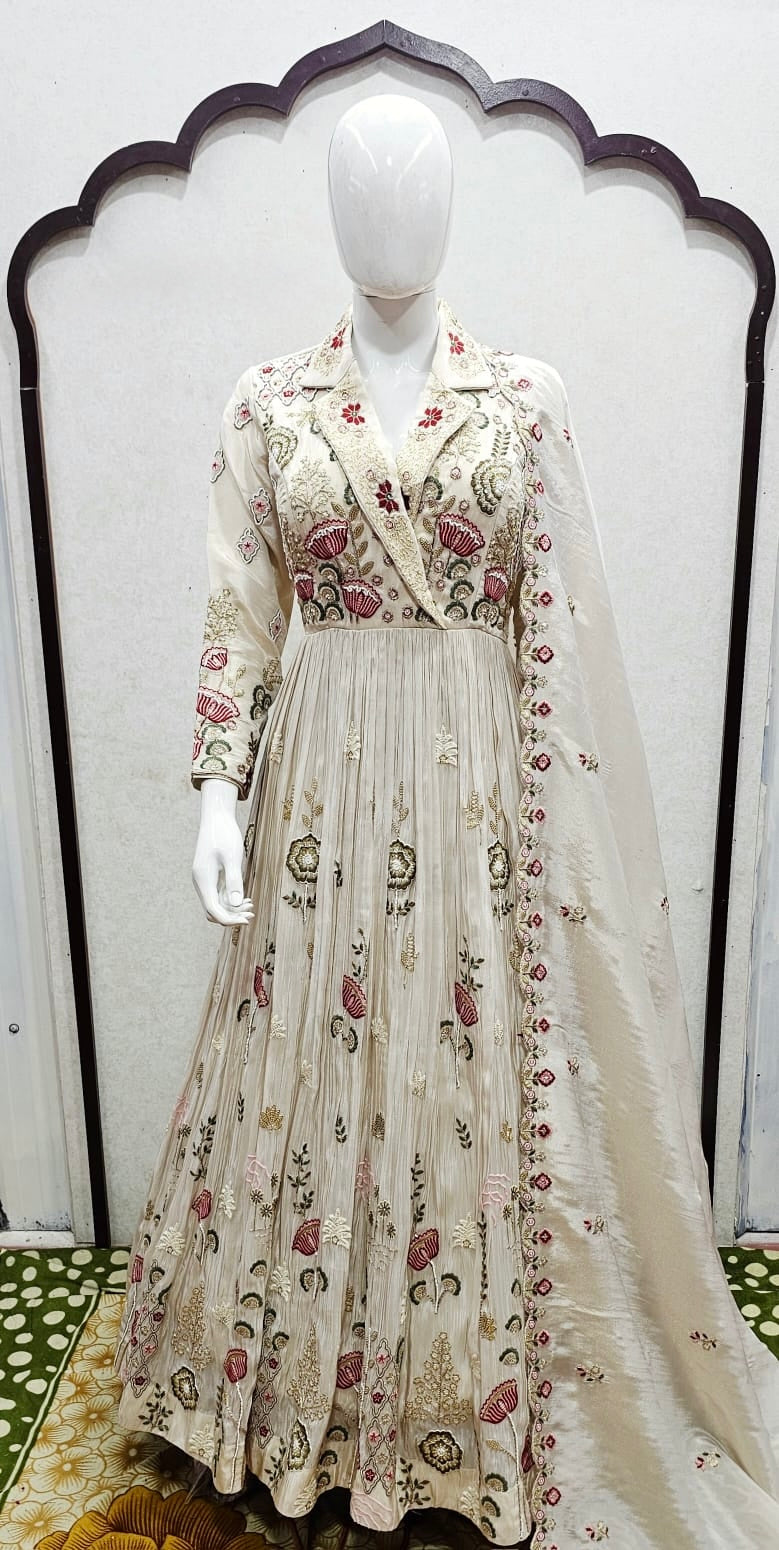 "TABEER" Pleated Embroidered Gown Set with Dupatta – Cream & Rose Fusion Elegance