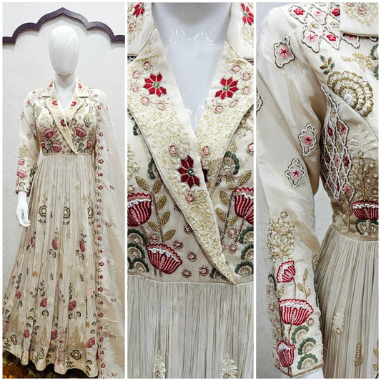 "TABEER" Pleated Embroidered Gown Set with Dupatta – Cream & Rose Fusion Elegance