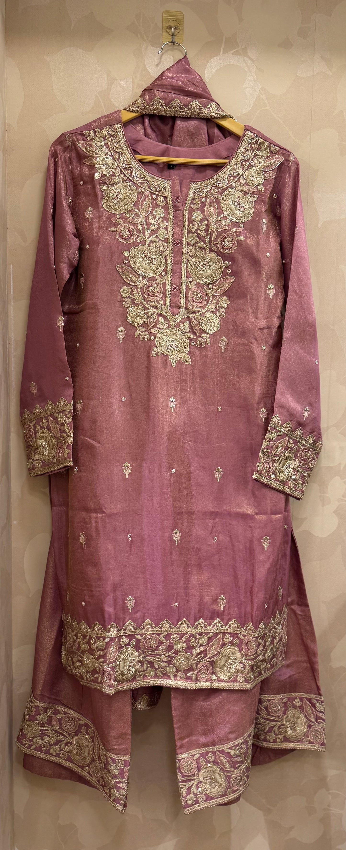 Burnt Rose Pink Shimmer Tissue Palazzo Kurta Set with Dupatta | Heavy Gota & Handwork Designer Ethnic Set by Inara