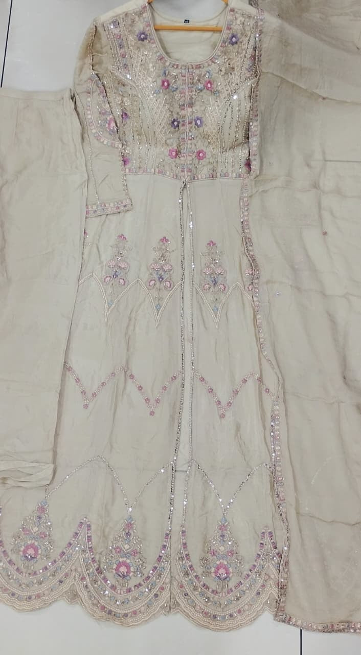 Noorika A-Line Anarkali Set | Hand Embroidered Front Slit Anarkali with Pearl & Cutdana Work (Off White & Pink)