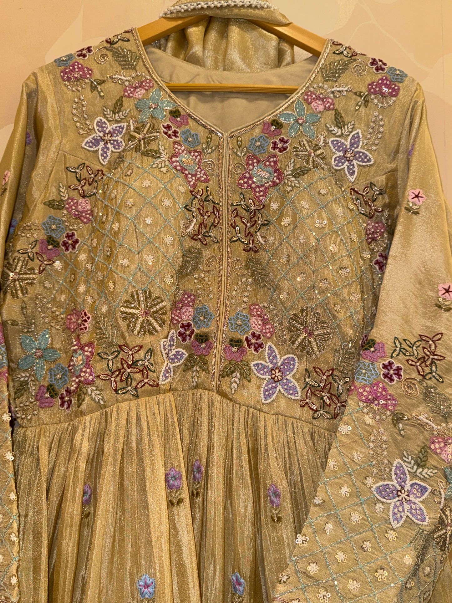 Beige Shimmer Tissue Peplum Gharara Set | Multi-Thread Zardosi & Cutdana Handwork | Inara by Javed & Daughters