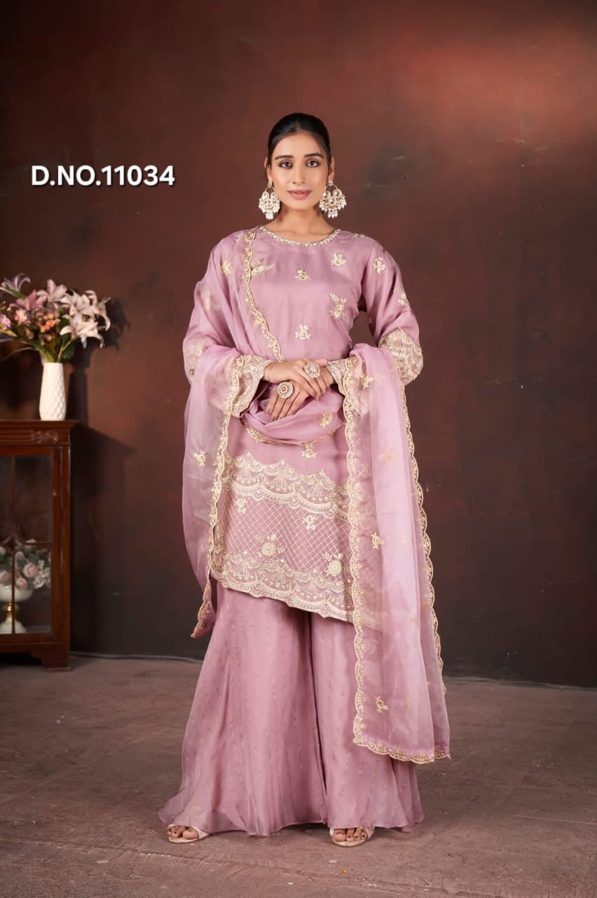 Cross-Cut Organza Sharara Set with Embroidered Dupatta
