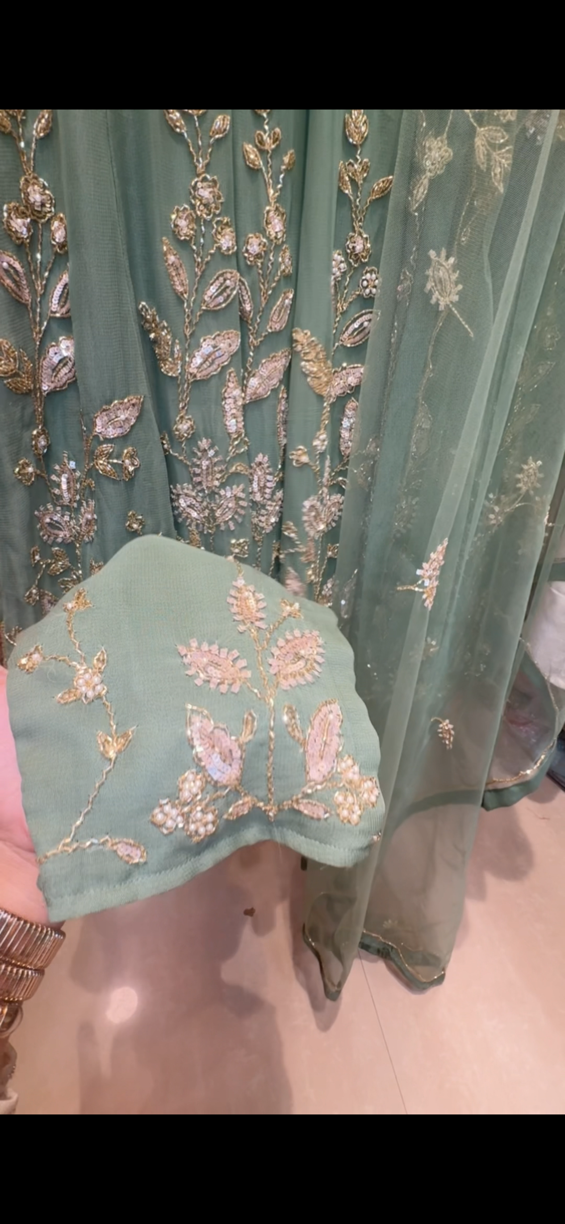 Mint Green Pure Georgette Handwork Anarkali Set with Pants & Heavy Net Dupatta