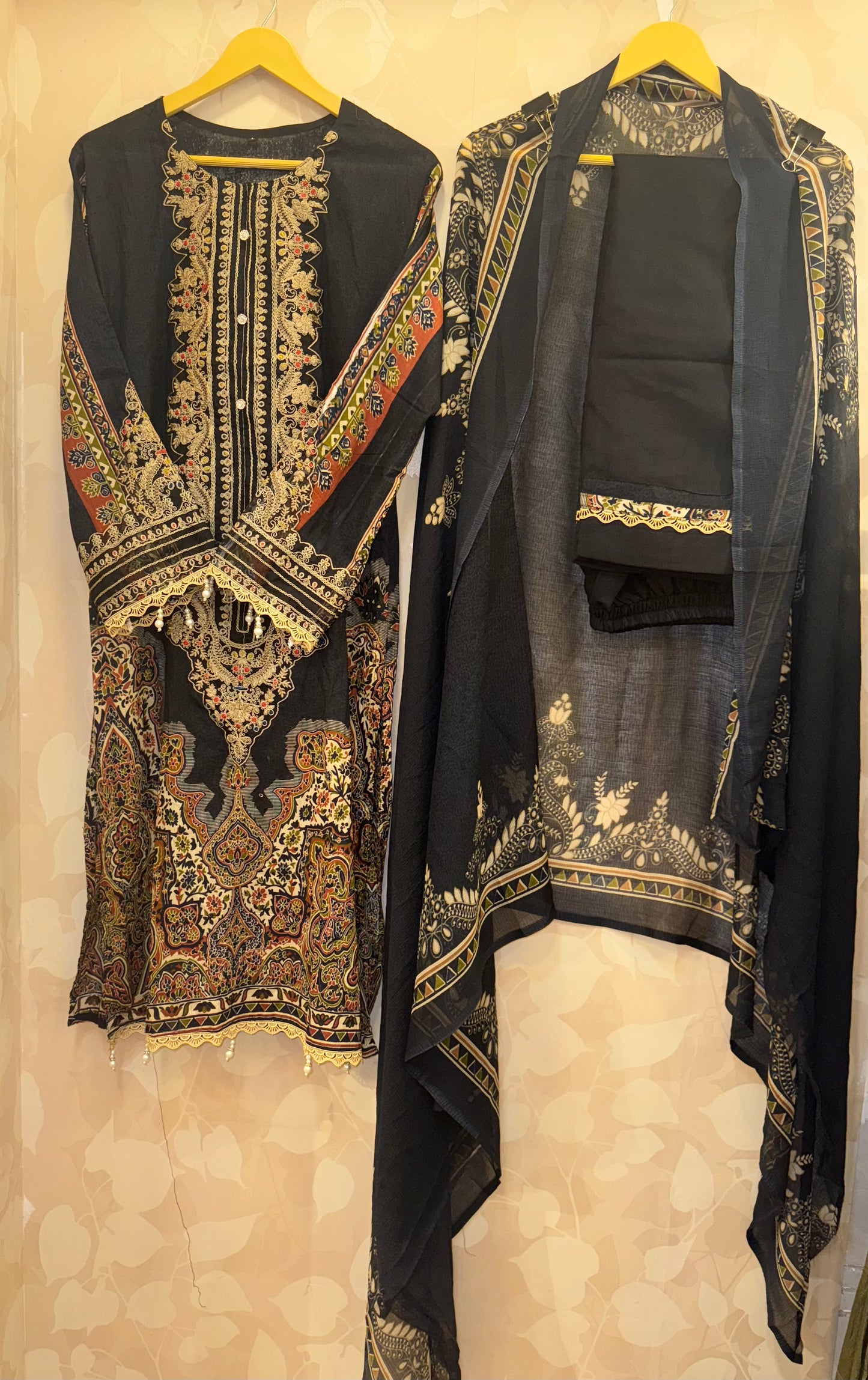 BLACK PK Embroidered 3-Piece Suit | Maria B Inspired Design with Thread &; Patchwork Detailing by Inara  ✨ Tagline: An ode to timeless Pakistani artistry in shades of black