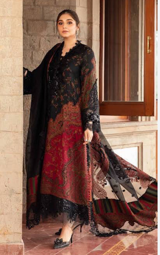Durefishan-Inspired Black & Red Lawn Suit | Designer Patchwork Embroidered Outfit with Cotton Dupatta by Inara  ✨ Tagline: Channel Durefishan’s signature grace in timeless black and red.