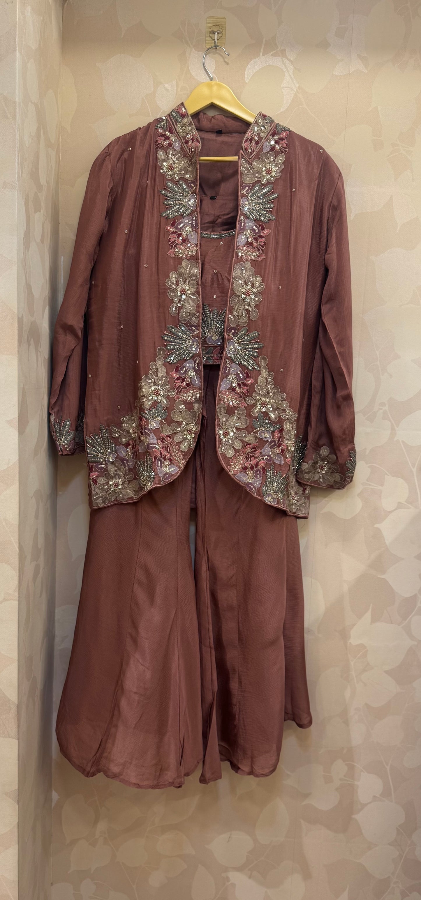 Brown Pure Chinnon Embroidered Blazer Sharara Set | 3-Piece Designer Outfit with Floral Handwork by Inara