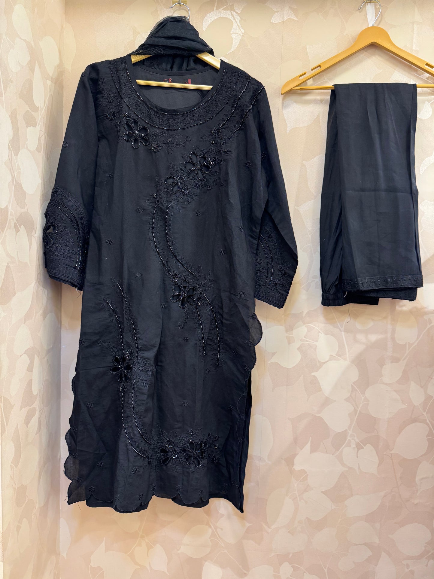 Black Cutwork Kurta Pant Dupatta Set with Intricate Handwork | Label Inara