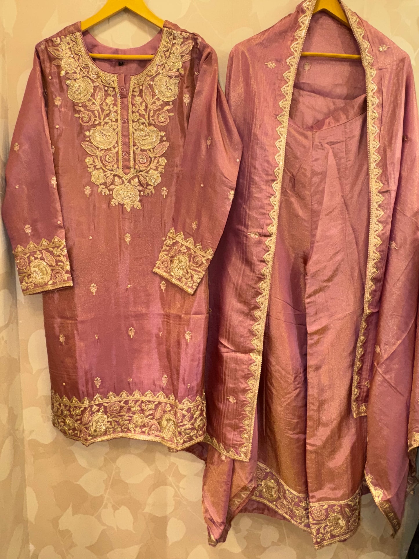 Burnt Rose Pink Shimmer Tissue Palazzo Kurta Set with Dupatta | Heavy Gota & Handwork Designer Ethnic Set by Inara