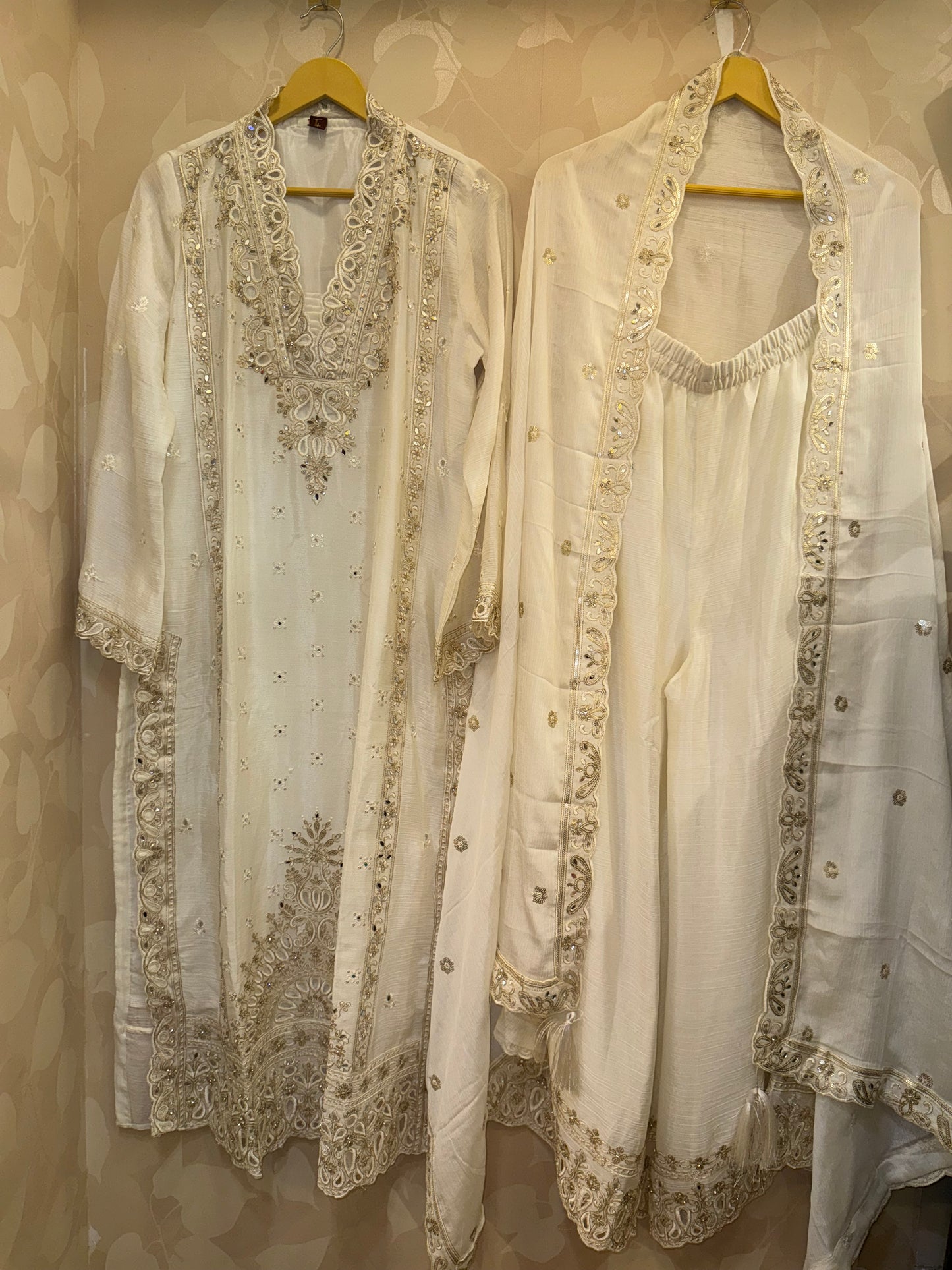 Meherbaan collection dn :- 001 Chinnon Off-White Embroidered Mirror Work Palazzo Kurta Set  Festive Pakistani styles with embroidery, mirror, and threadwork.