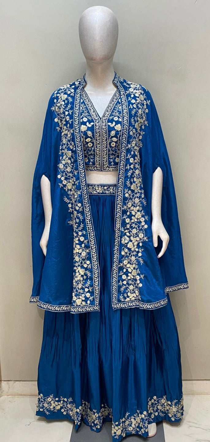 Royal Blue Chinnon Lehenga Set with Cutdana Handwork and Cape