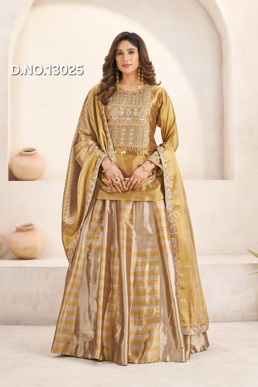 Statment Pure Banarasi Dual-Tone Gold & Silver Lehenga Kurta Set with Hand Embroidery & Organza Dupatta