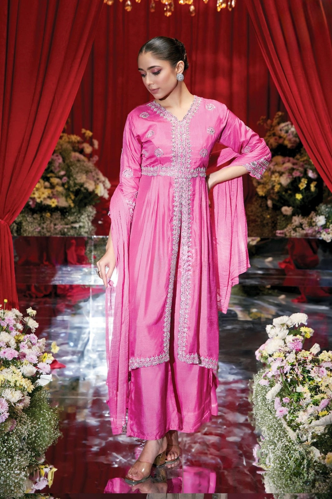 Noor Zardosi Pink Indo-Western Set – Layered Front-Short, Back-Long Top with Handcrafted Detailing