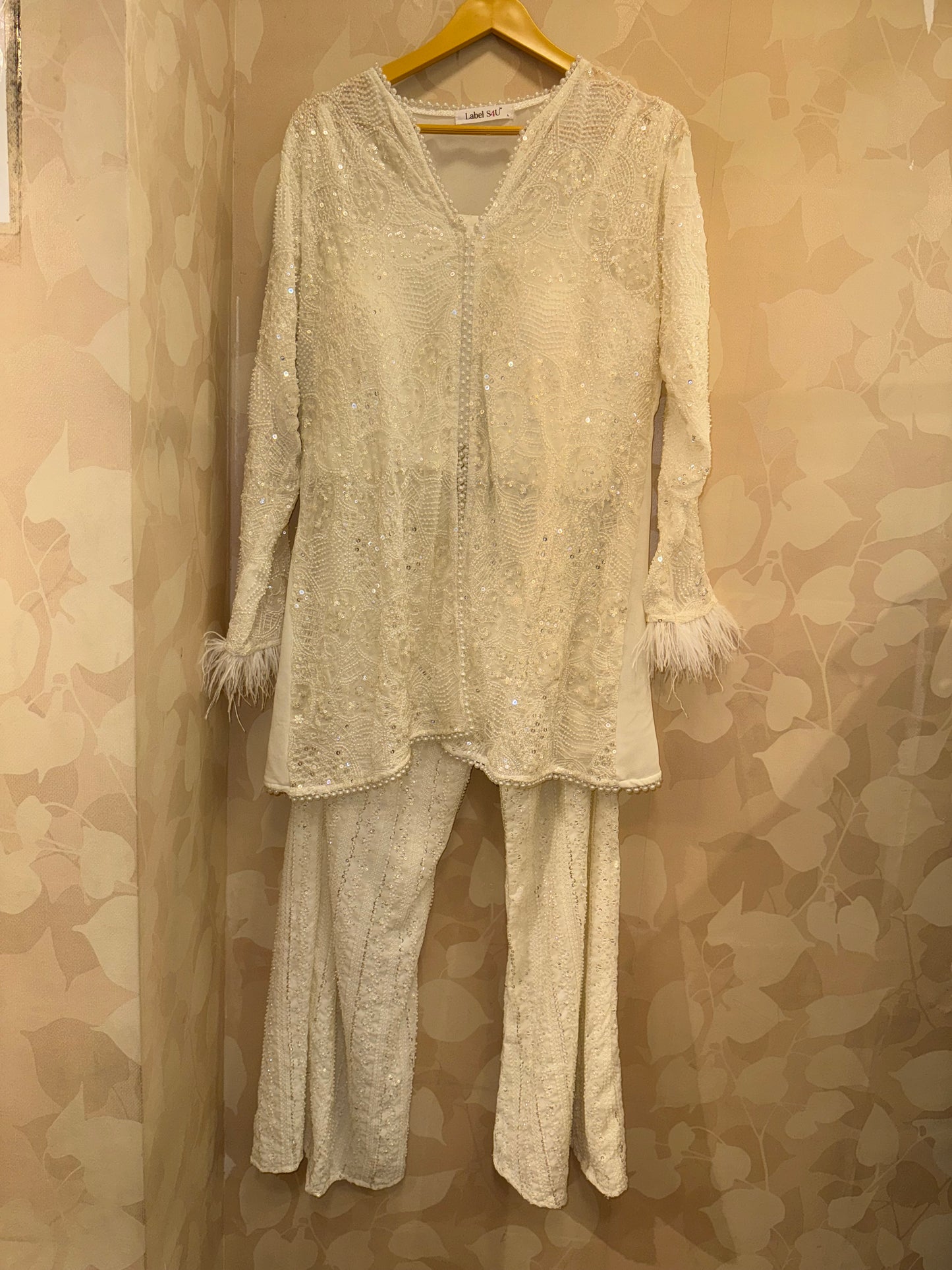 Aira Off-White Handcrafted Jacket Set | Pearl & Cutdana Work Bell Bottom Suit | Inara by Javed & Daughters