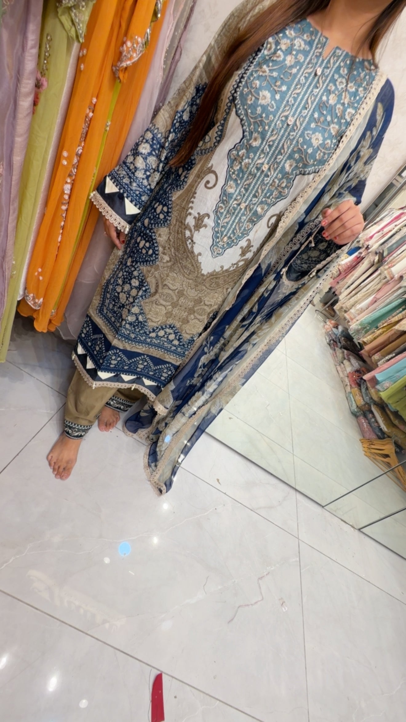 Midnight blue with beautiful contrast patch work lawn set