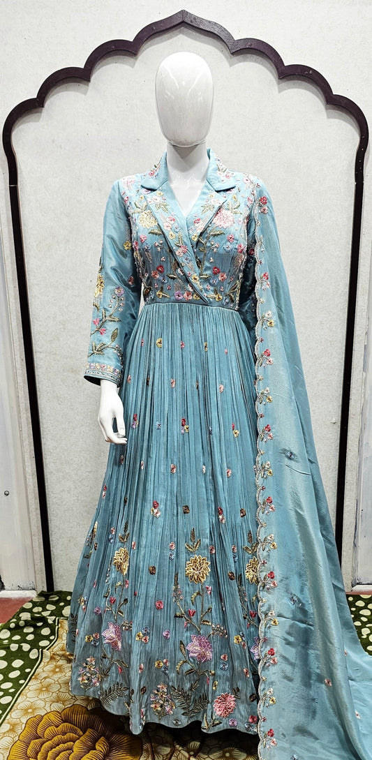 Collar Style Designer Gown with Organza Dupatta | Resham, Zardosi & Cutdana Hand Embroidery