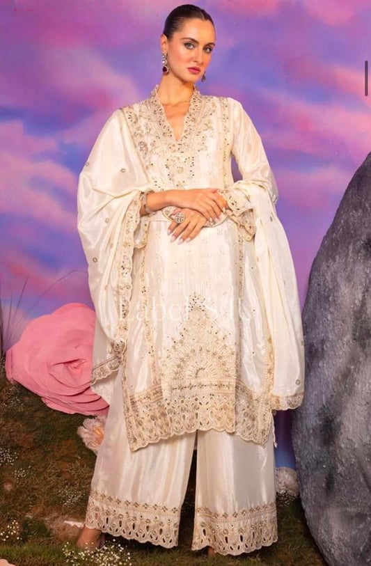 Meherbaan collection dn :- 001 Chinnon Off-White Embroidered Mirror Work Palazzo Kurta Set  Festive Pakistani styles with embroidery, mirror, and threadwork.