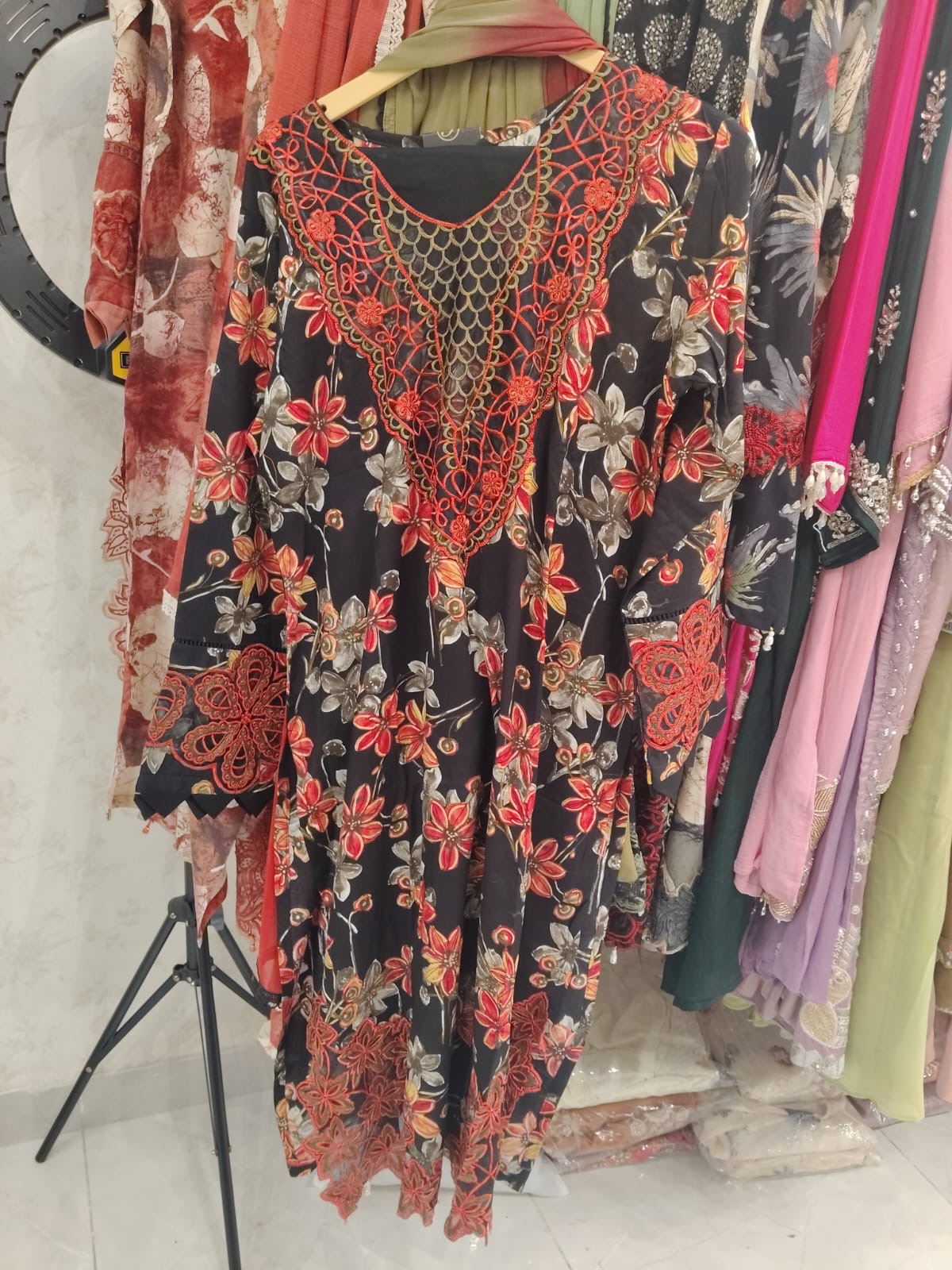Red Maria B Inspired Embroidered Suit | Designer Patchwork & Handcrafted Detailing by Inara ✨ Tagline: Inspired by Maria B’s signature elegance — crafted with Inara’s artisanal touch.