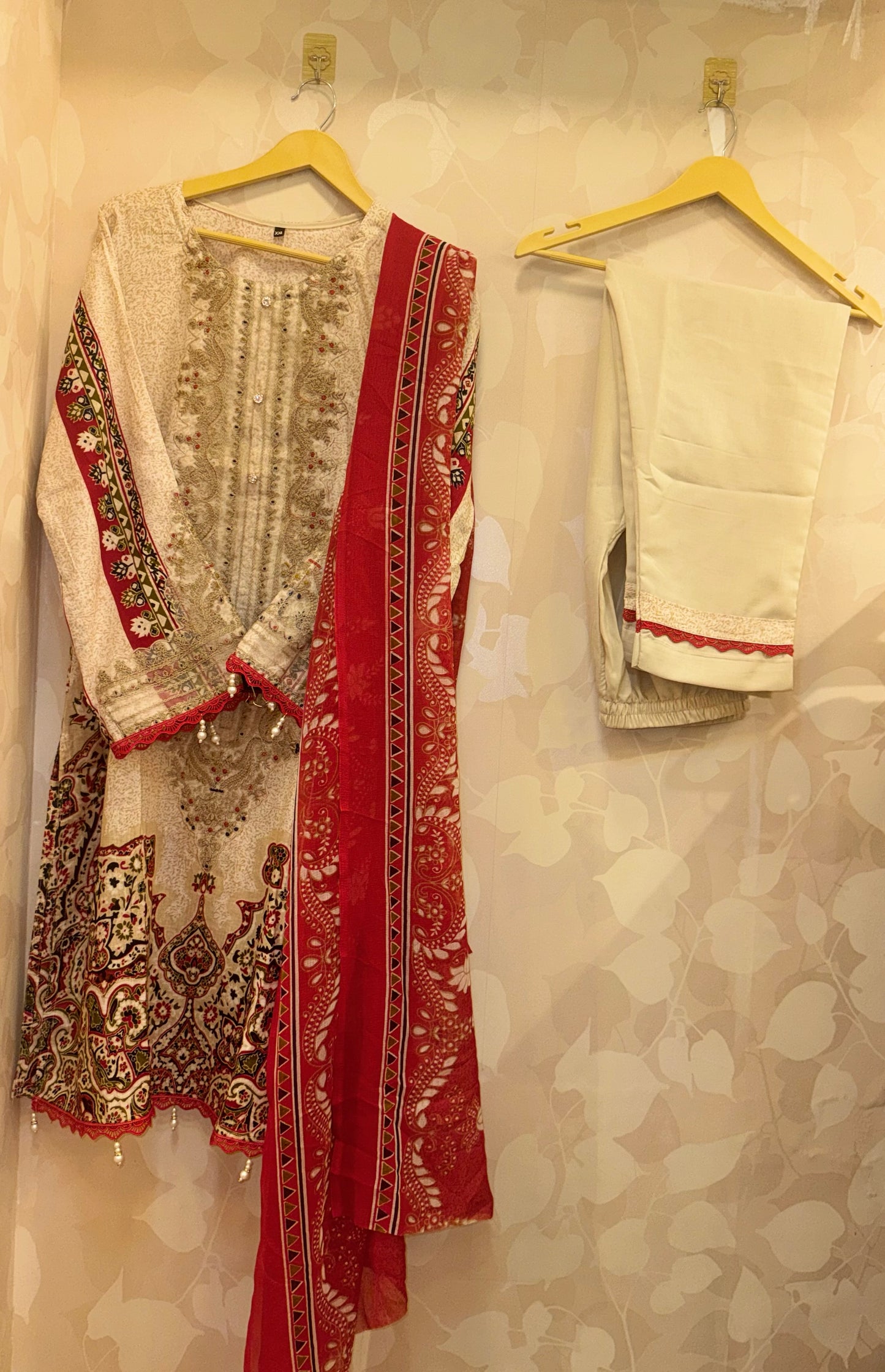Beige & Red Pakistani Lawn Suit | Elegant Embroidered 3-Piece Designer Dress by Inara
