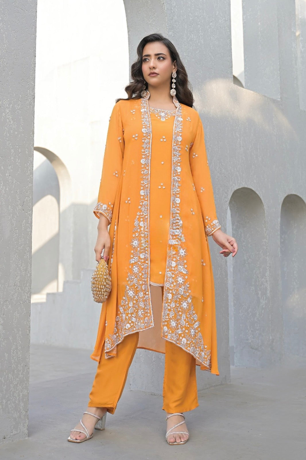 Orange Handwork Jacket Set – Pure Viscose Kurta with Mulin Pants
