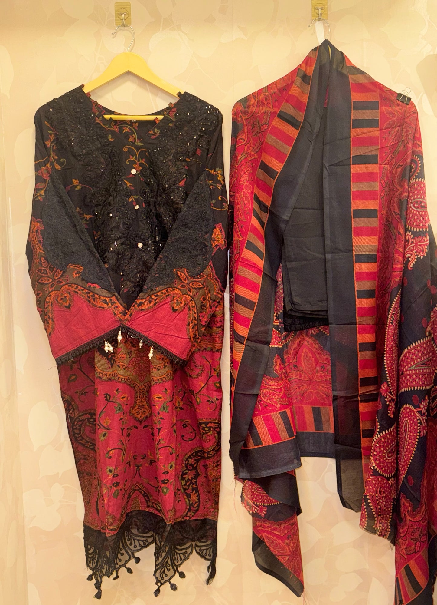 Durefishan-Inspired Black & Red Lawn Suit | Designer Patchwork Embroidered Outfit with Cotton Dupatta by Inara  ✨ Tagline: Channel Durefishan’s signature grace in timeless black and red.