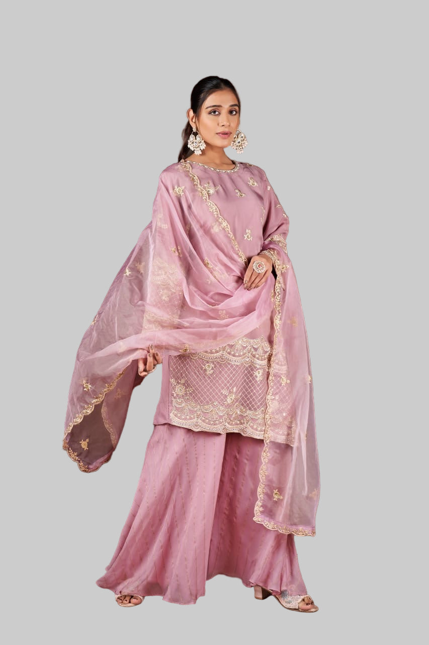 Cross-Cut Organza Sharara Set with Embroidered Dupatta