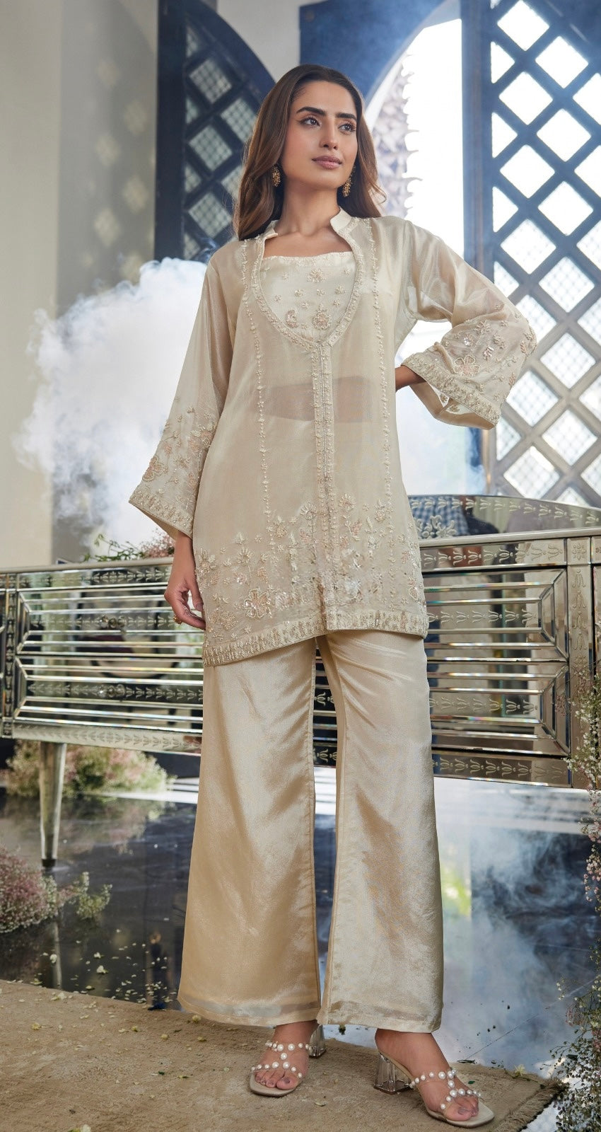 Shimmer Tissue 3-Piece Set | Pearl, Zardosi & Cutdana Handwork | Inara by Javed & Daughters