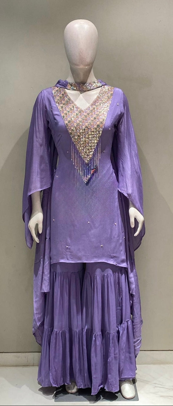 Afghani Chinnon indo-fusion Set – Cutdana Handwork with Elegant Neck Embroidery