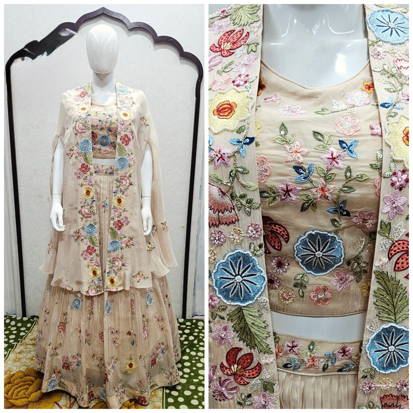 “Rangrez Reverie: Multicolor Resham Lehenga with Flowing Organza Cape” Evokes artistry and movement; great for festive and bridal edits.