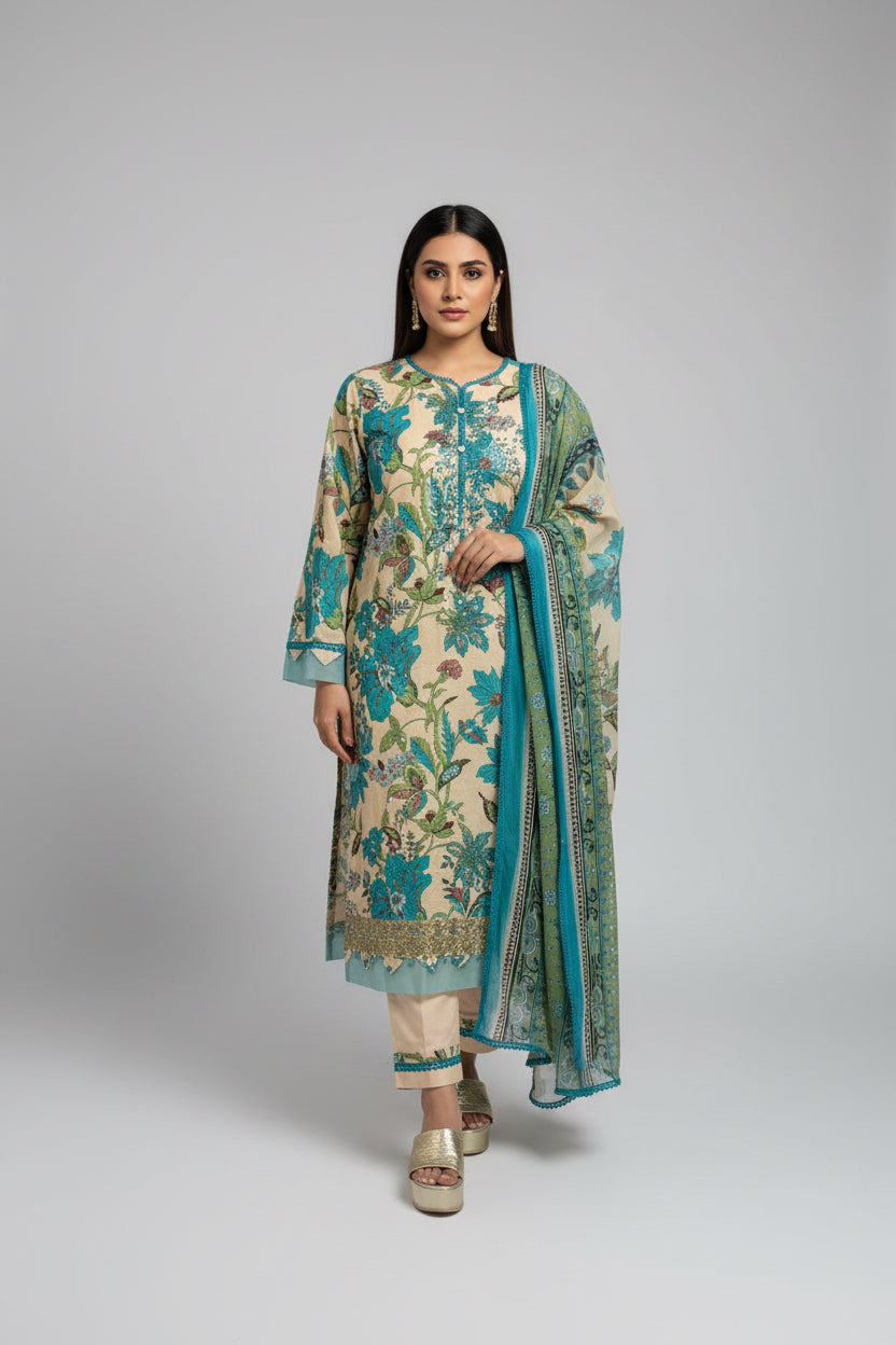 Peach mausaumery style lawn set Premium Floral Lawn Kurta Set with Embroidered Chiffon Dupatta & Detailed Pants