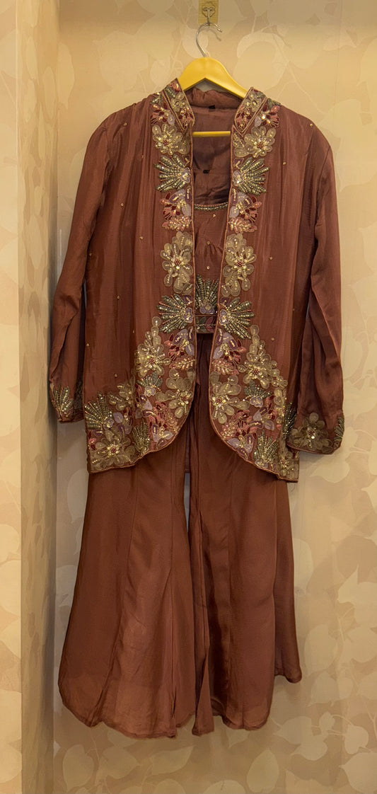 Brown Pure Chinnon Embroidered Blazer Sharara Set | 3-Piece Designer Outfit with Floral Handwork by Inara