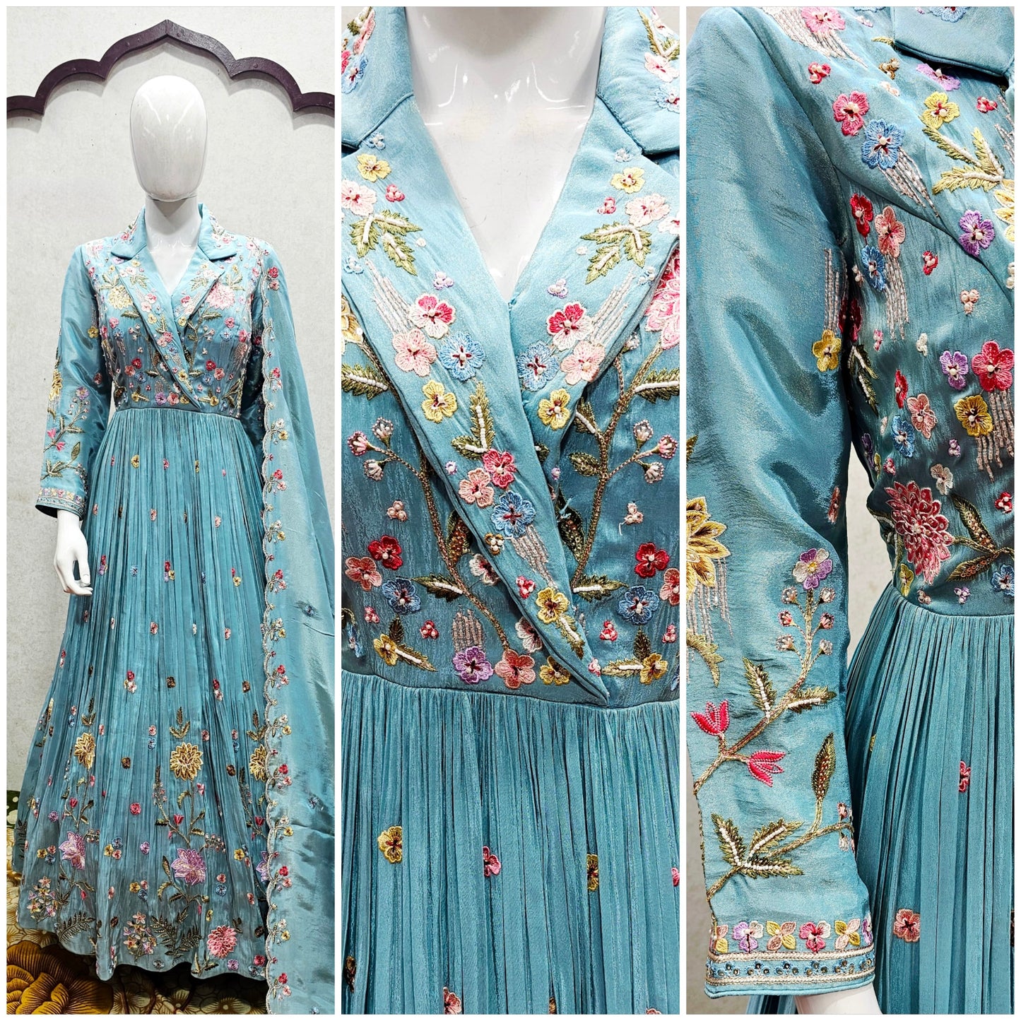 Collar Style Designer Gown with Organza Dupatta | Resham, Zardosi & Cutdana Hand Embroidery