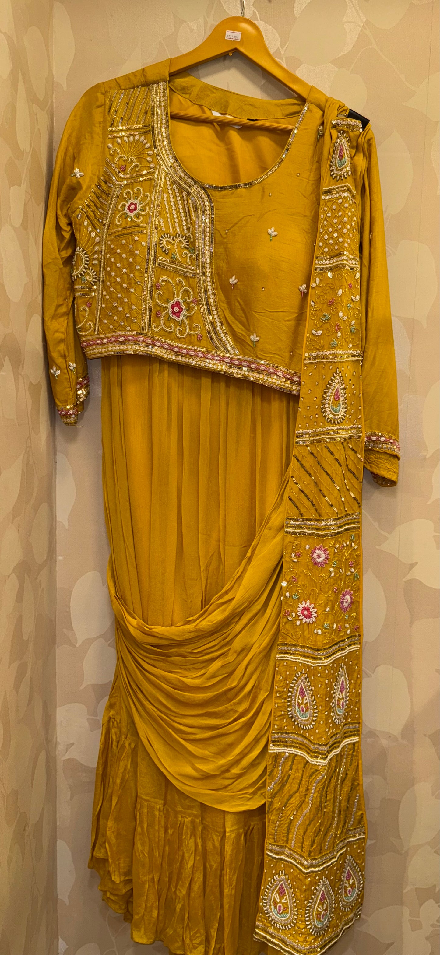 Saanvi Handcrafted Sunshine Saree – Pure Chinnon Pre-Draped Saree with Detachable Handwork Panel