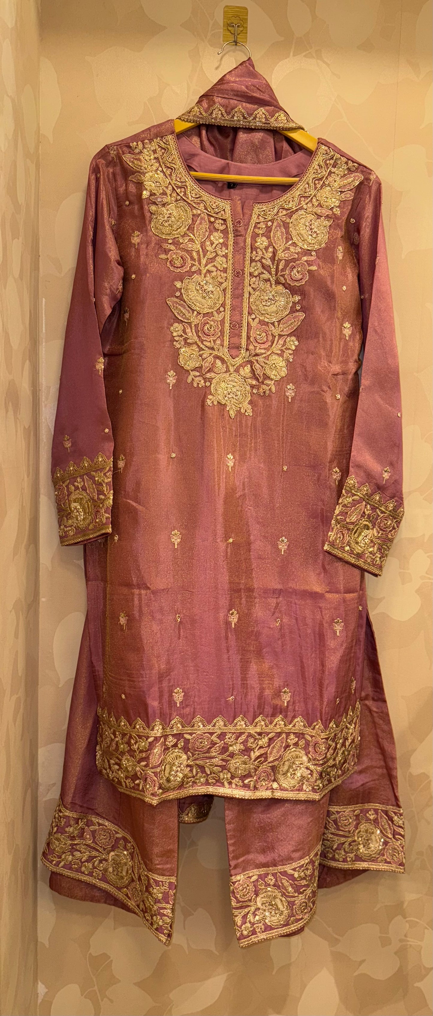 Burnt Rose Pink Shimmer Tissue Palazzo Kurta Set with Dupatta | Heavy Gota & Handwork Designer Ethnic Set by Inara