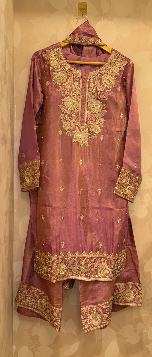 Burnt Rose Pink Shimmer Tissue Palazzo Kurta Set with Dupatta | Heavy Gota & Handwork Designer Ethnic Set by Inara
