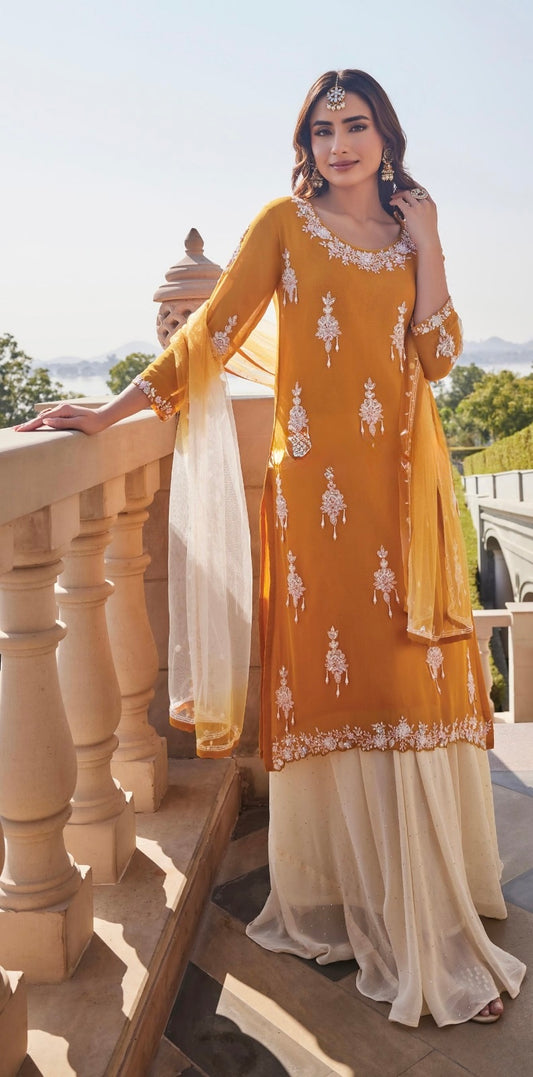 Hand-Embroidered Yellow Kurta, off white Badla Skirt & Ombre Net Dupatta”