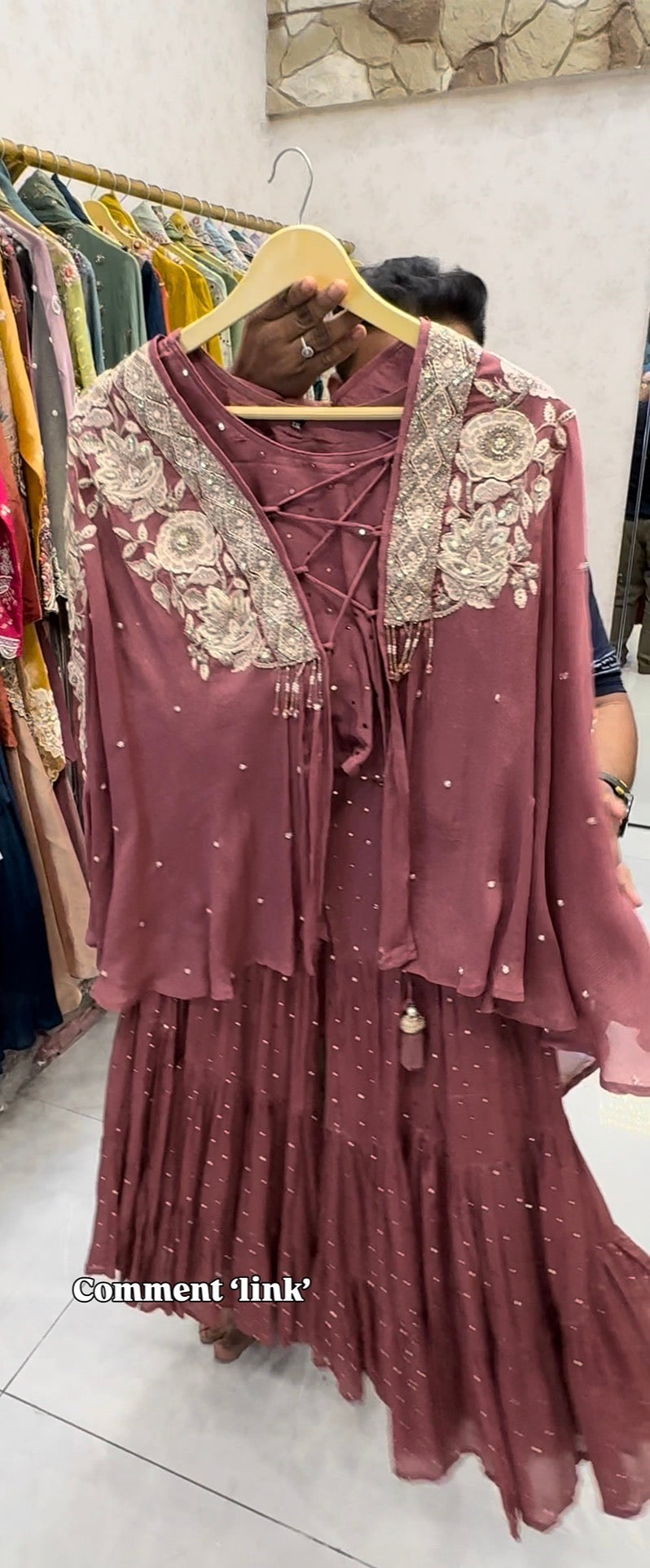 Mauve Hand-Embroidered Cape Co-ord Set with Crop Top & Garara