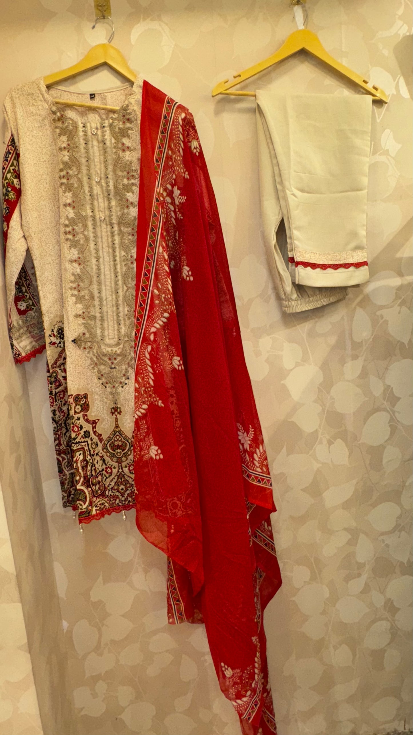 Beige & Red Pakistani Lawn Suit | Elegant Embroidered 3-Piece Designer Dress by Inara