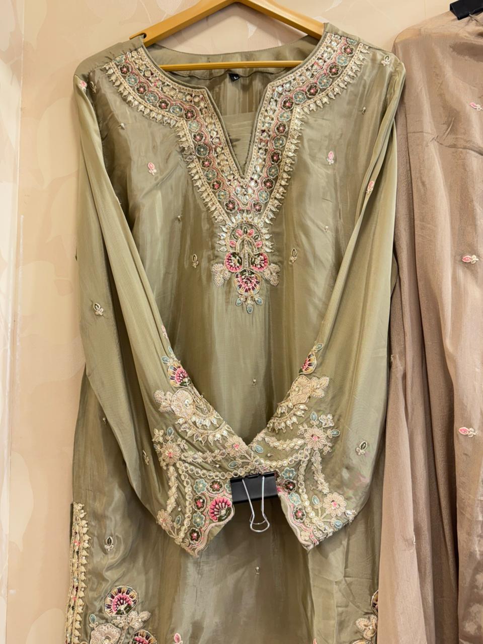 ✨ Pure Crepe Mouse Brown Gota Kurti with Farshi Salwar Set