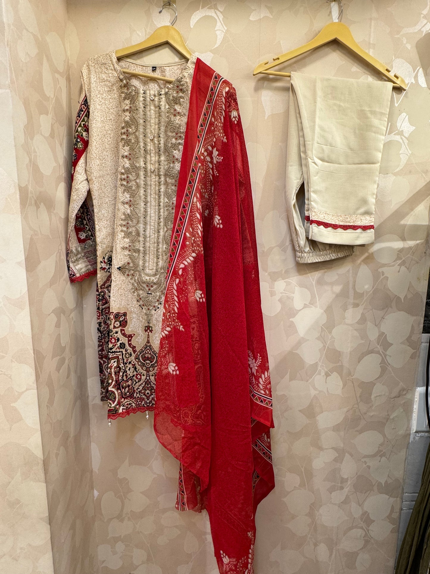 Beige & Red Pakistani Lawn Suit | Elegant Embroidered 3-Piece Designer Dress by Inara