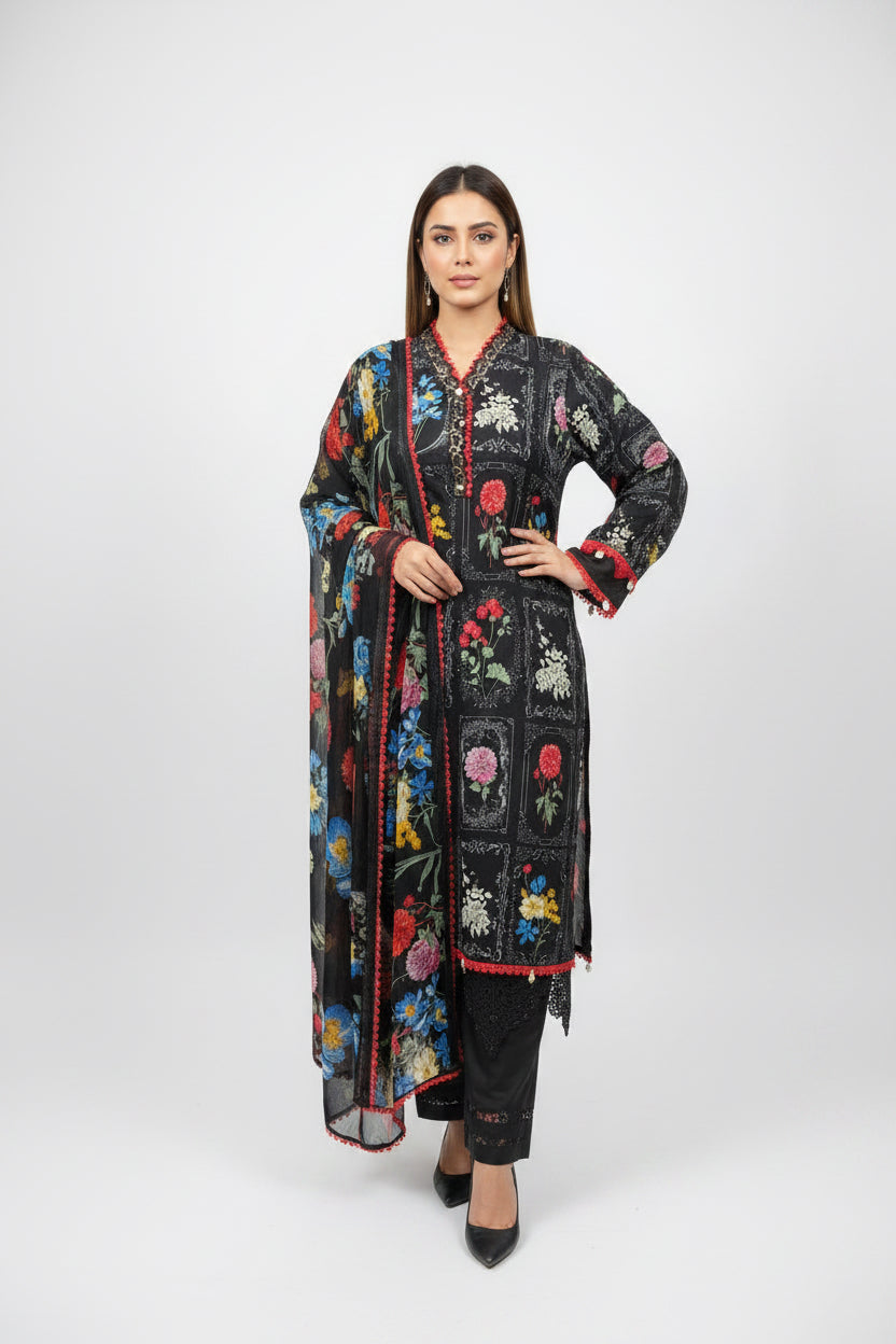 Noir Blush Lawn Set Black Lawn Suit with Pink Patchwork (cotton dupatta)