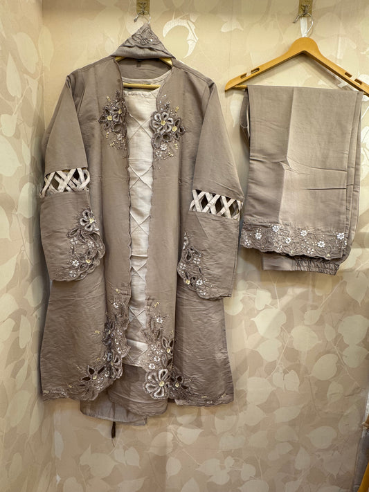 Chikoo Handcrafted Cutwork Jacket with Pants & Sheer Organza Dupatta