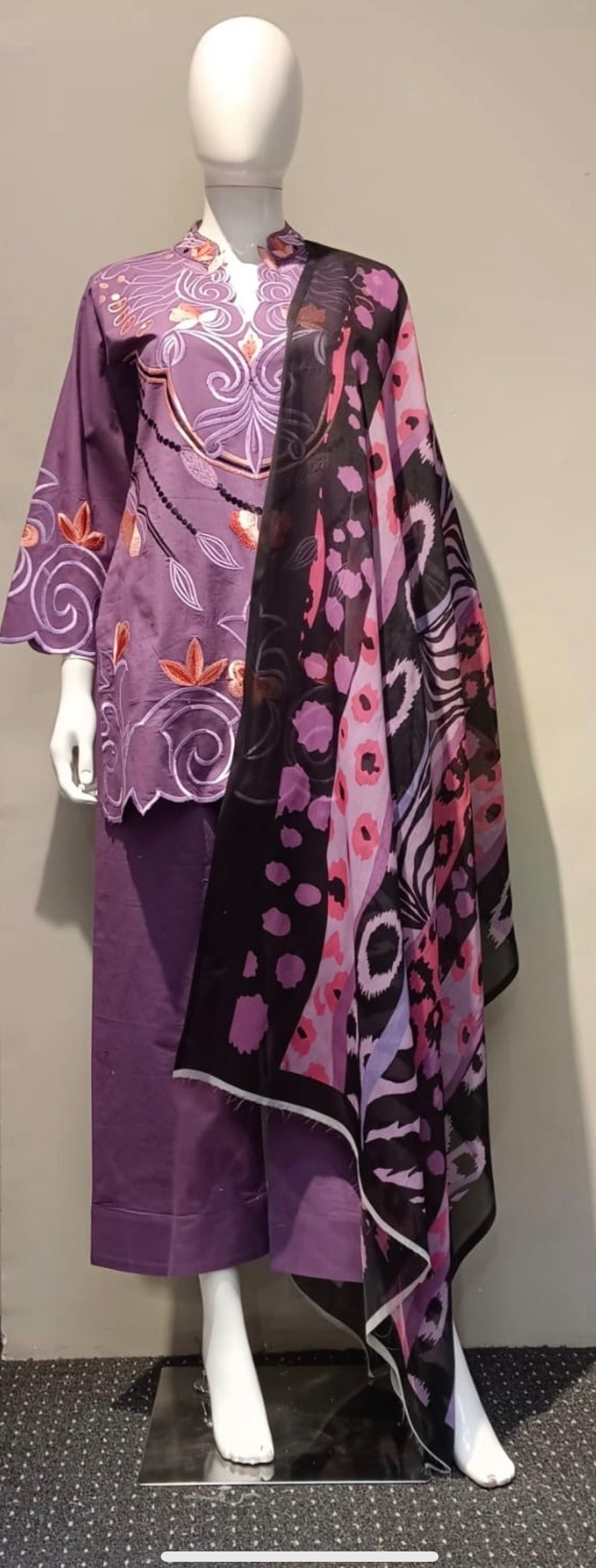 Celeb inspired Purple Embroidered Cotton Farshi Salwar Set with Printed Dupatta