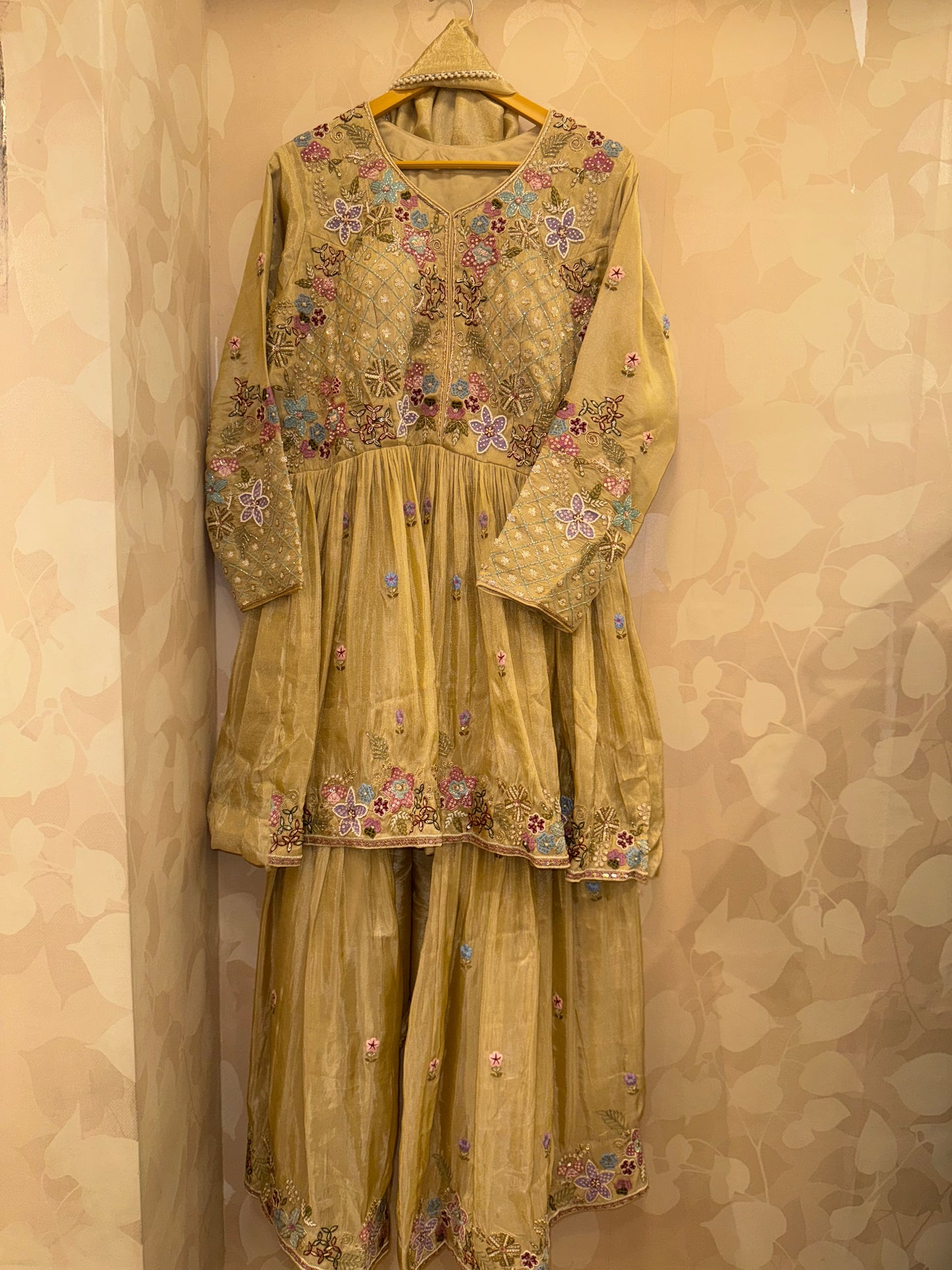 Beige Shimmer Tissue Peplum Gharara Set | Multi-Thread Zardosi & Cutdana Handwork | Inara by Javed & Daughters
