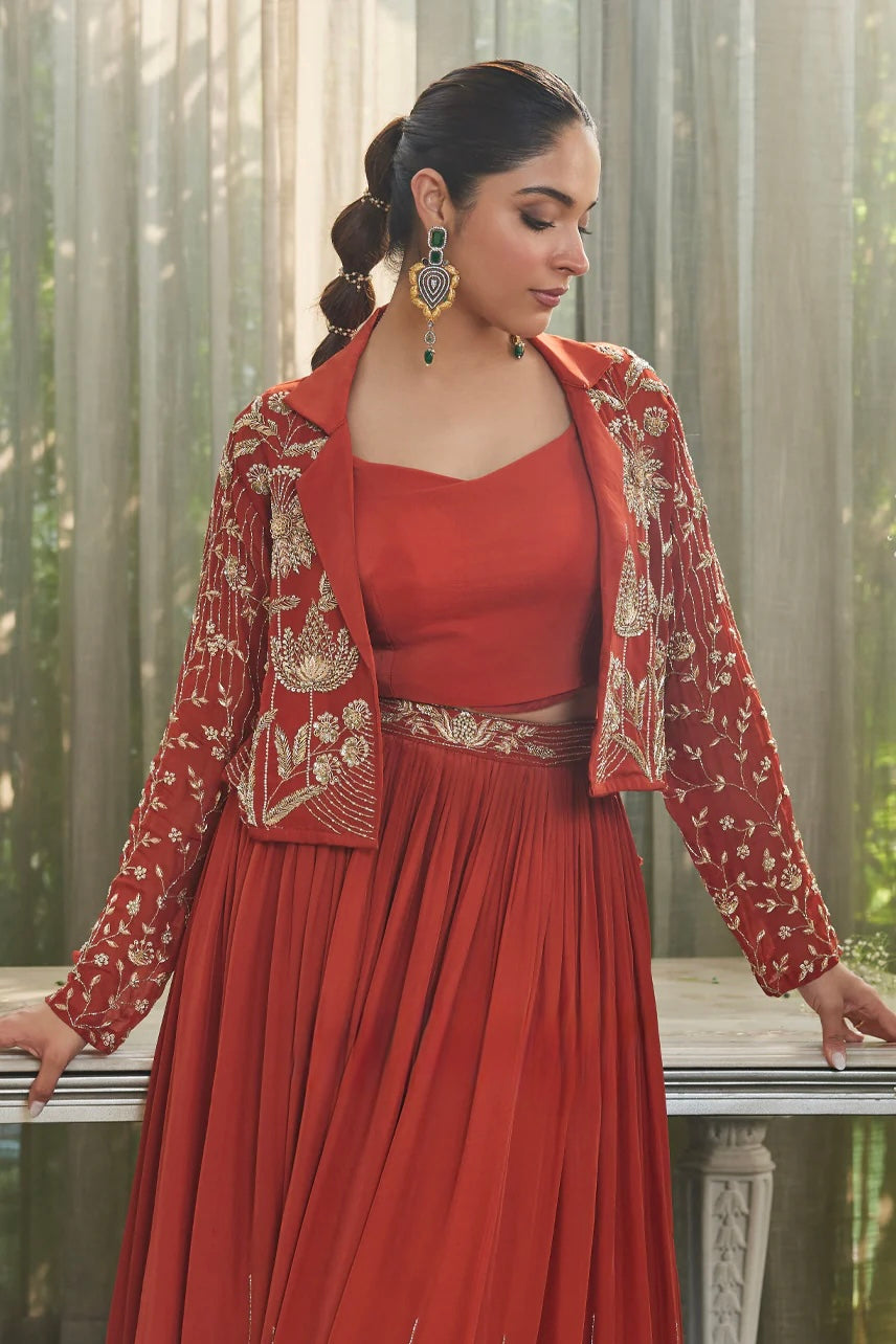 Ruhani Rust Orange Indo-Western Set | Celebrity-Inspired Pure Crepe Lehenga with Organza Jacket | Inara by Javed & Daughters