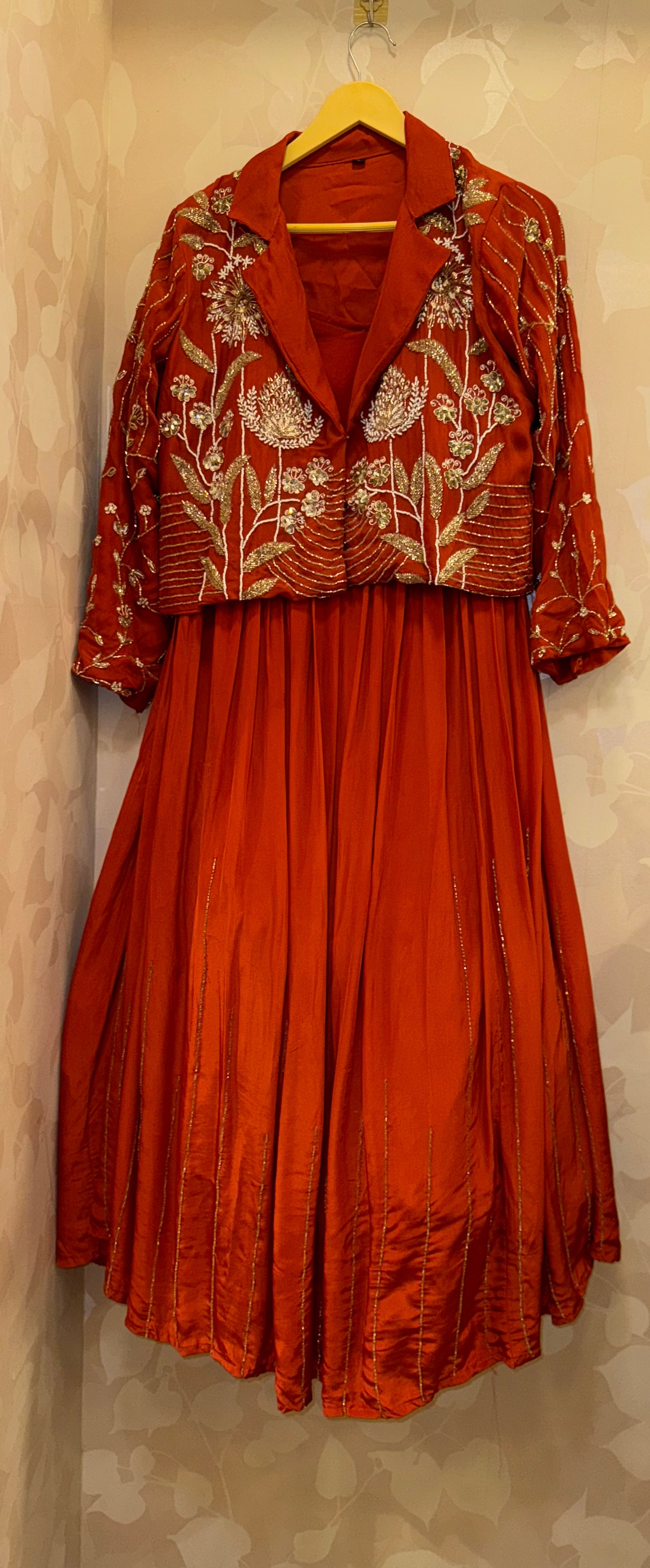 Ruhani Rust Orange Indo-Western Set | Celebrity-Inspired Pure Crepe Lehenga with Organza Jacket | Inara by Javed & Daughters