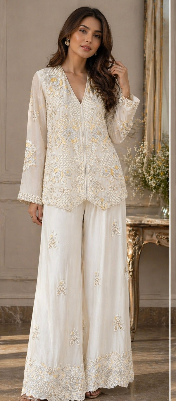 Blush Pink & Milky White Embroidered Co-ord Set – Designer Top with Palazzo | Luxury Festive Wear by Inara